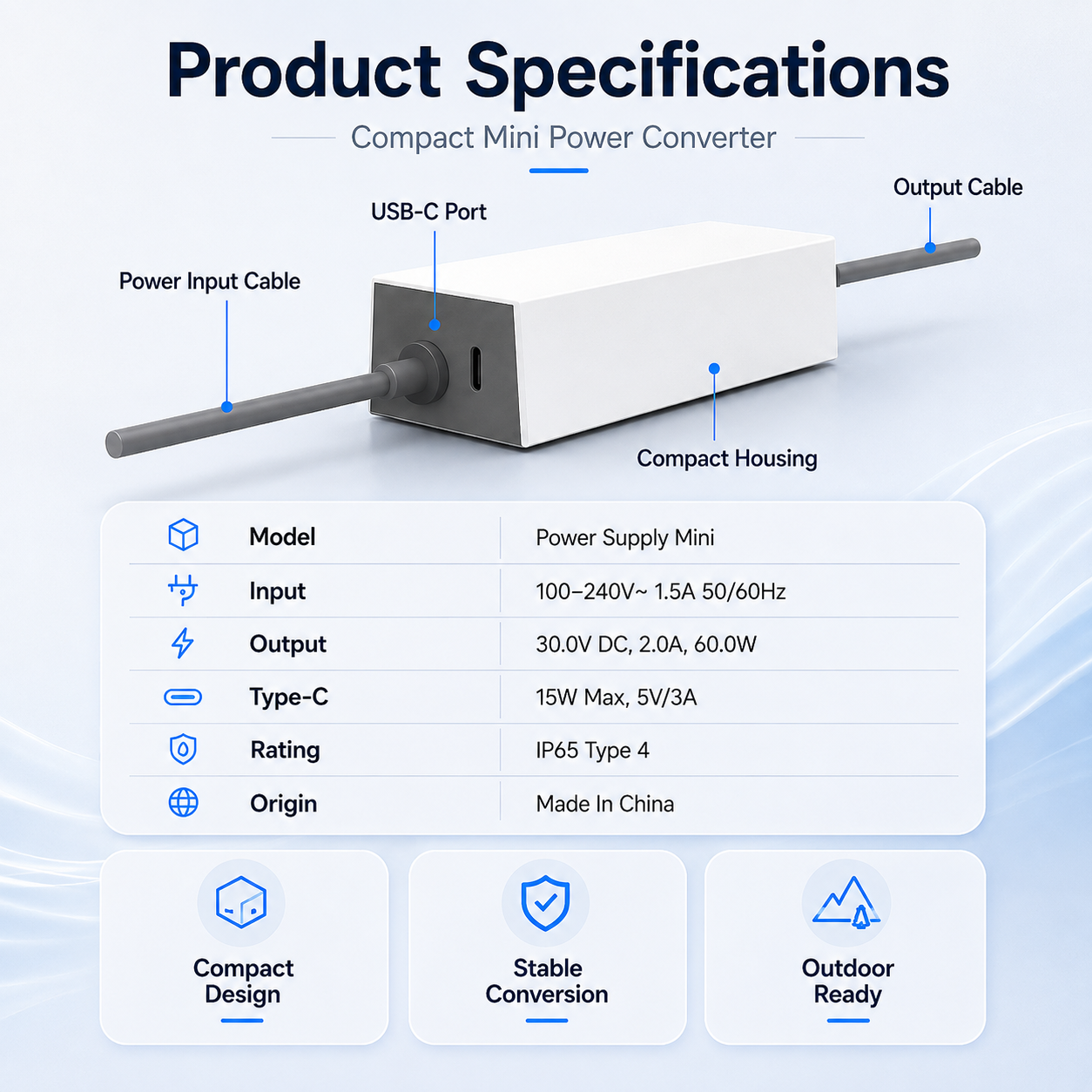 Starlink Mini 60W Replacement AC Power Adapter with 15W USB-C Output - 30V 2A