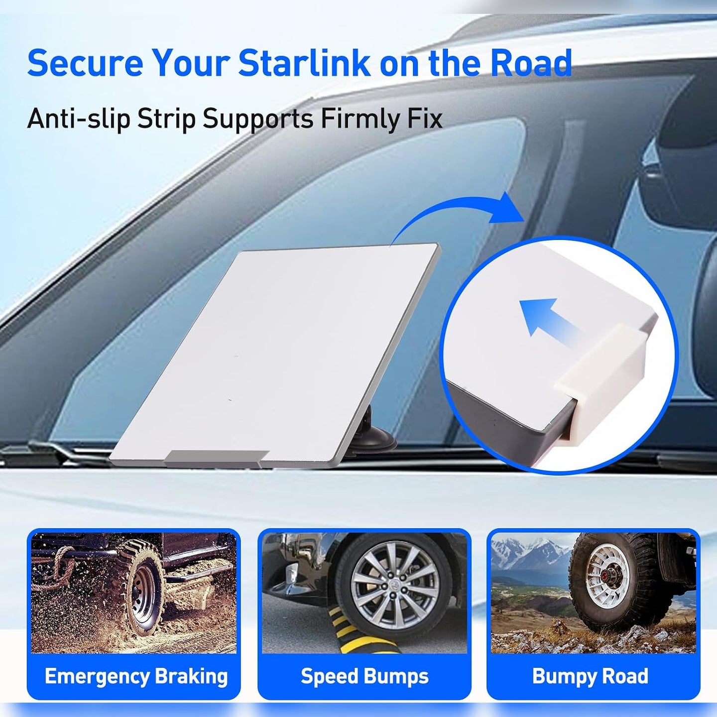 Starlink Mini windshield suction mount with anti-slip strip support for bumpy road driving