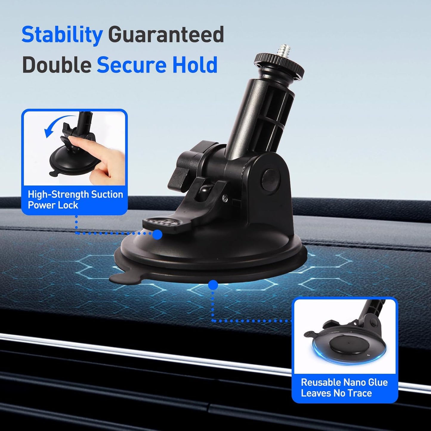 Close-up of Starlink Mini suction cup mount with power lock and reusable nano adhesive base