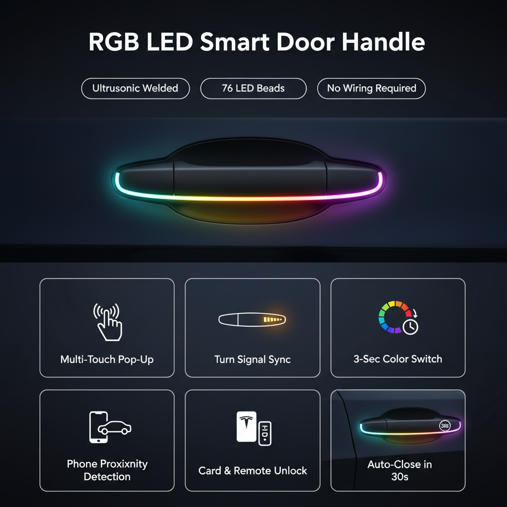 Tesla Model 3 Y RGB LED Door Handle Features - Multi-Touch, Turn Signal Sync, Phone Proximity, Auto-Close