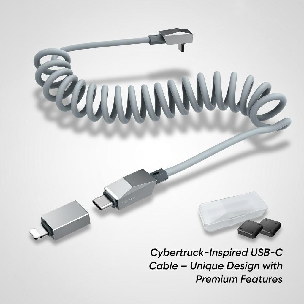 4ft (1.2m) Spring USB-C Cable for Tesla Model Y/3/X/S, Cybertruck-Style Accessories