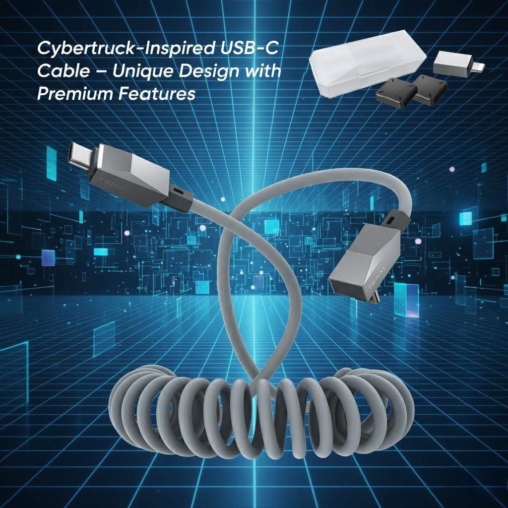 4ft (1.2m) Spring USB-C Cable for Tesla Model Y/3/X/S, Cybertruck-Style Accessories